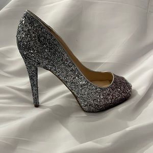Marc Fisher Size 10 Harpyly Glitter Open Toe Heels Heel 5” Front 1” Slip On
